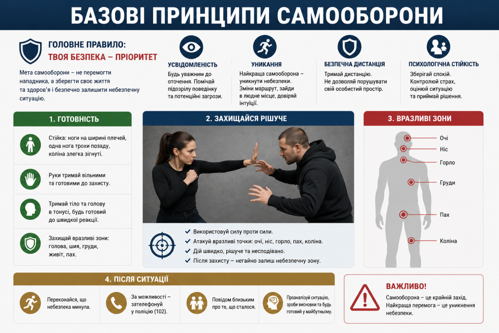Інфографіка про самооборону з базовими техніками захисту, принципами та діями в небезпечній ситуації
