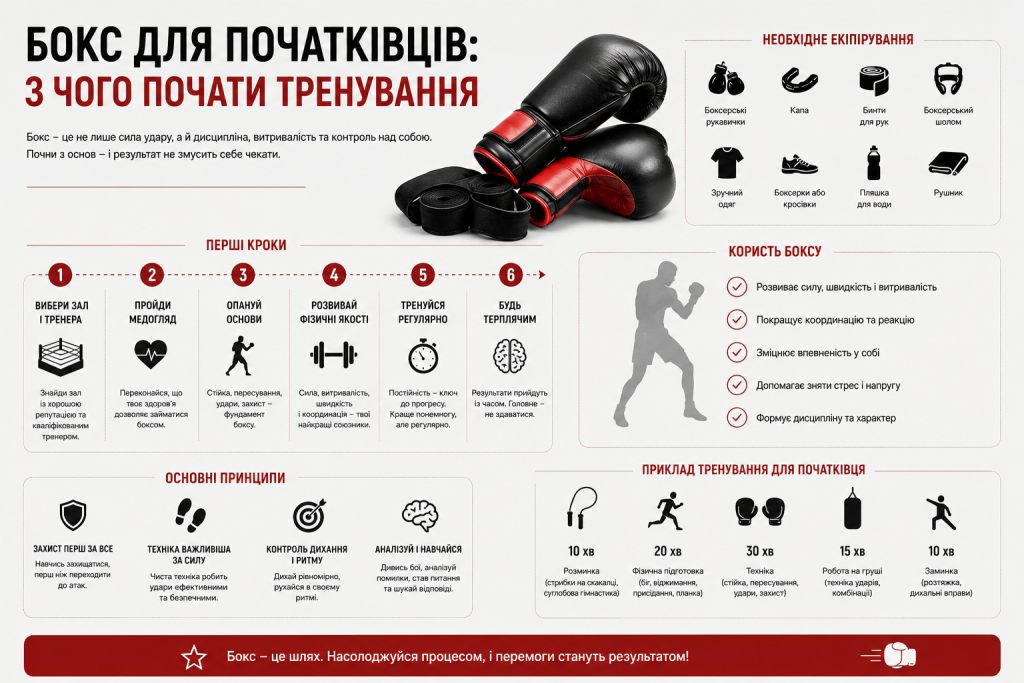 Інфографіка про бокс для початківців із переліком необхідного екіпірування, перших кроків, основних принципів та прикладом тренування