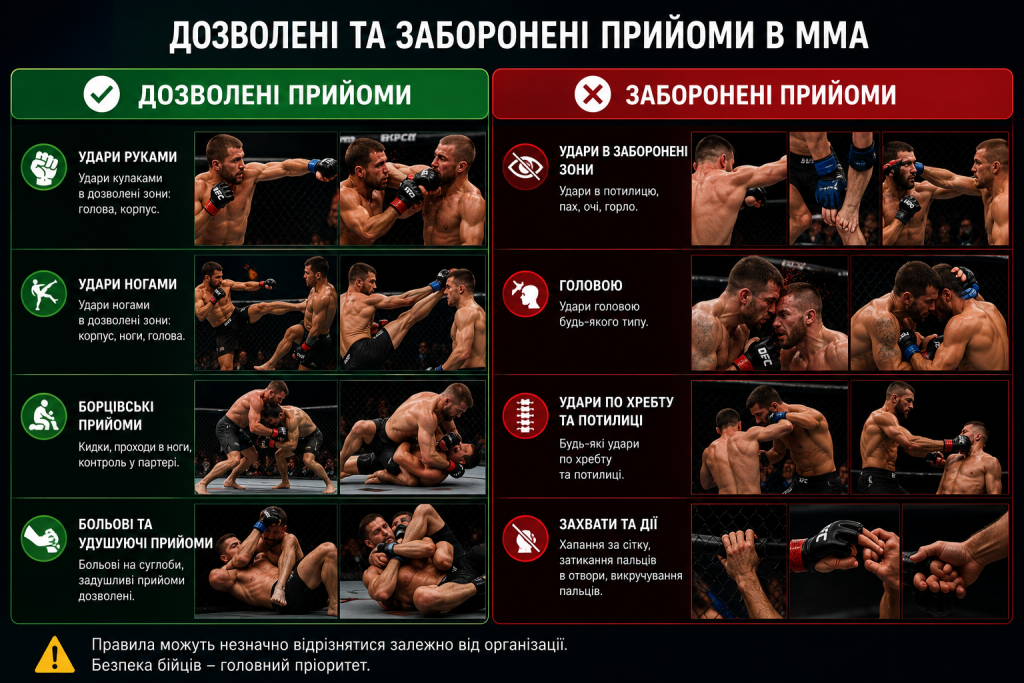 Інфографіка з переліком дозволених та заборонених прийомів у змішаних єдиноборствах: удари руками, ногами, борцівські та задушливі прийоми проти ударів в заборонені зони, головою та по хребту