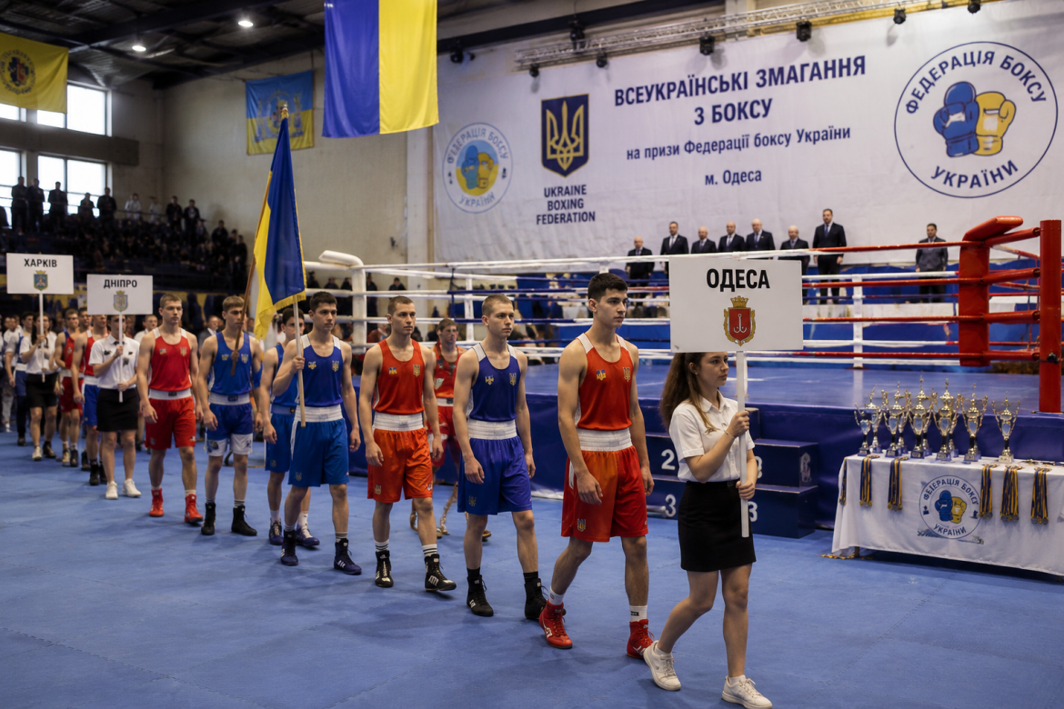 Урочиста хода команд різних міст України на відкритті всеукраїнських змагань з боксу на фоні рингу та банера Федерації боксу України в Одесі