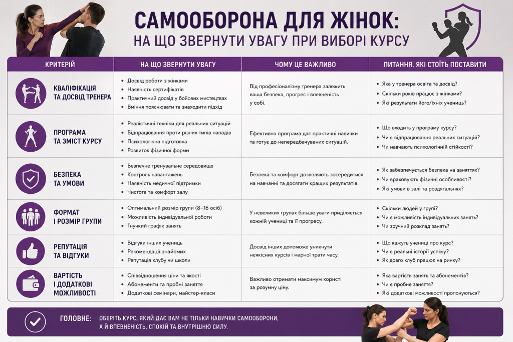 Порівняльна таблиця критеріїв вибору курсу самооборони для жінок: кваліфікація тренера, програма, безпека, формат групи, репутація та вартість