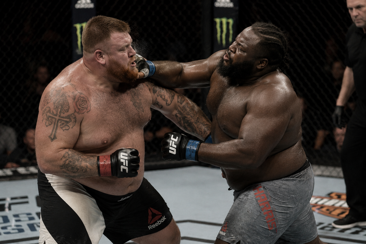 Двоє важковаговиків у рукавичках UFC обмінюються потужними ударами в октагоні під час офіційного поєдинку
