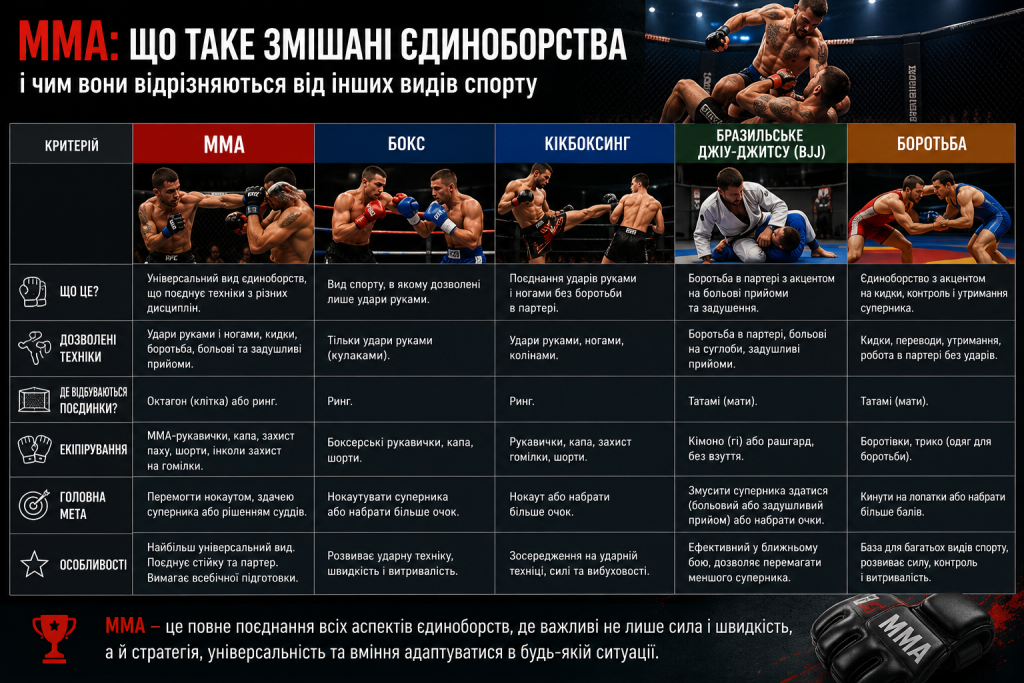 Порівняльна інфографіка ММА, боксу, кікбоксингу, бразильського джиу-джитсу та боротьби за критеріями технік, екіпірування та правил