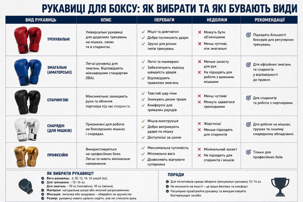 Порівняльна таблиця видів боксерських рукавиць — тренувальних, змагальних, спарингових, снарядних та професійних — з перевагами, недоліками та рекомендаціями