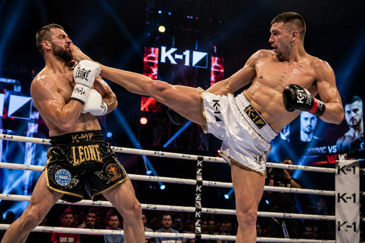 Спортсмен у білих шортах K-1 завдає удару ногою суперникові в рукавичках Leone під час професійного бою на тлі яскравого освітлення арени