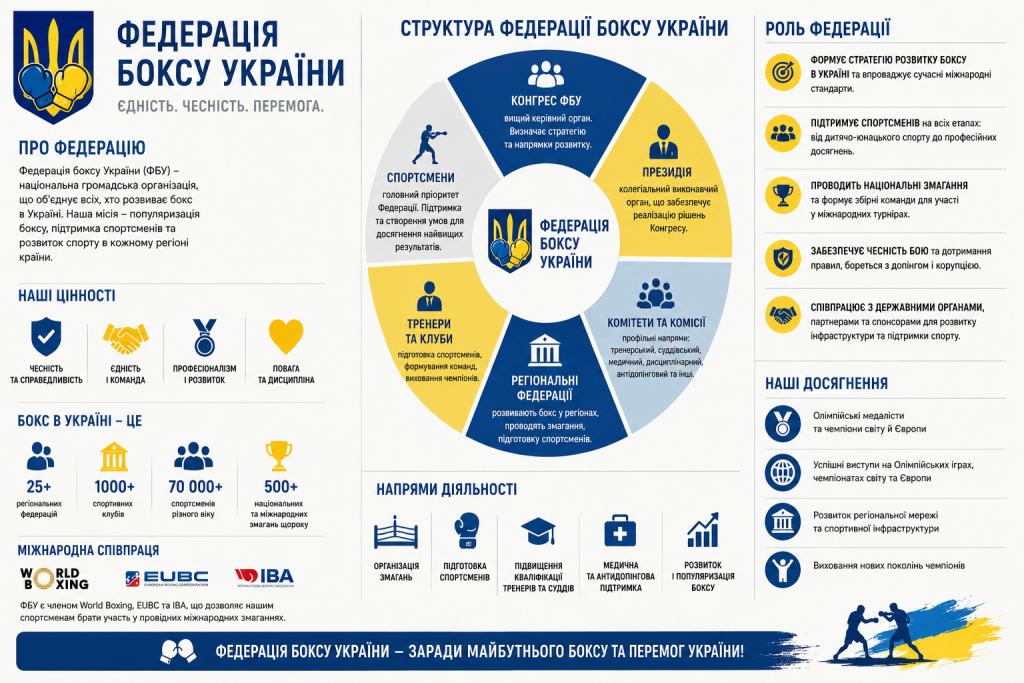 Інфографіка про Федерацію боксу України з описом структури, цінностей, напрямків діяльності, міжнародного співробітництва та ключових досягнень