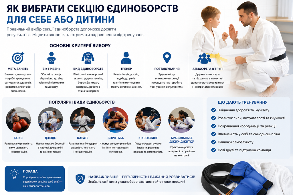 Інфографіка з критеріями вибору секції єдиноборств: мета, вік, вид спорту, тренер, розташування та атмосфера в групі