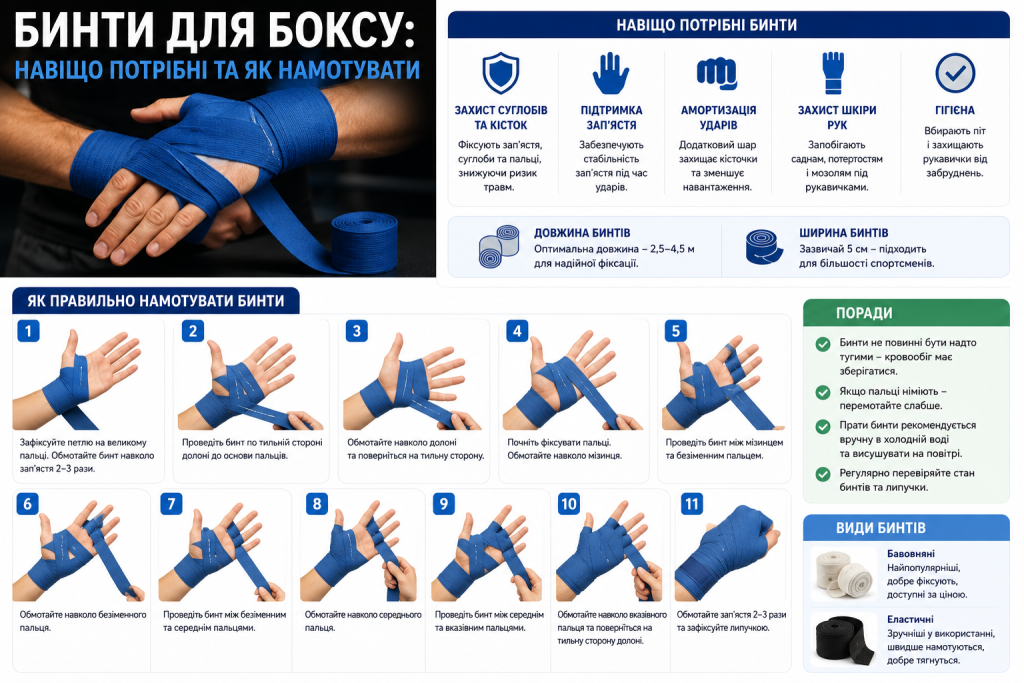 Інфографіка з покроковою інструкцією намотування боксерських бинтів на руки