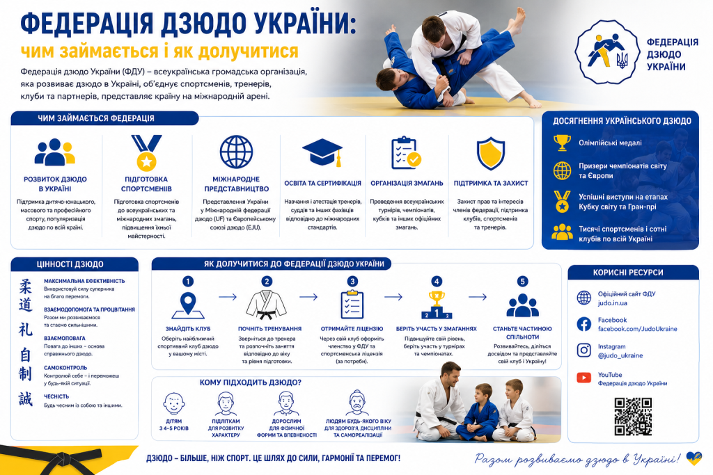 Інфографіка про Федерацію дзюдо України, її діяльність, цінності, досягнення та порядок вступу до федерації.