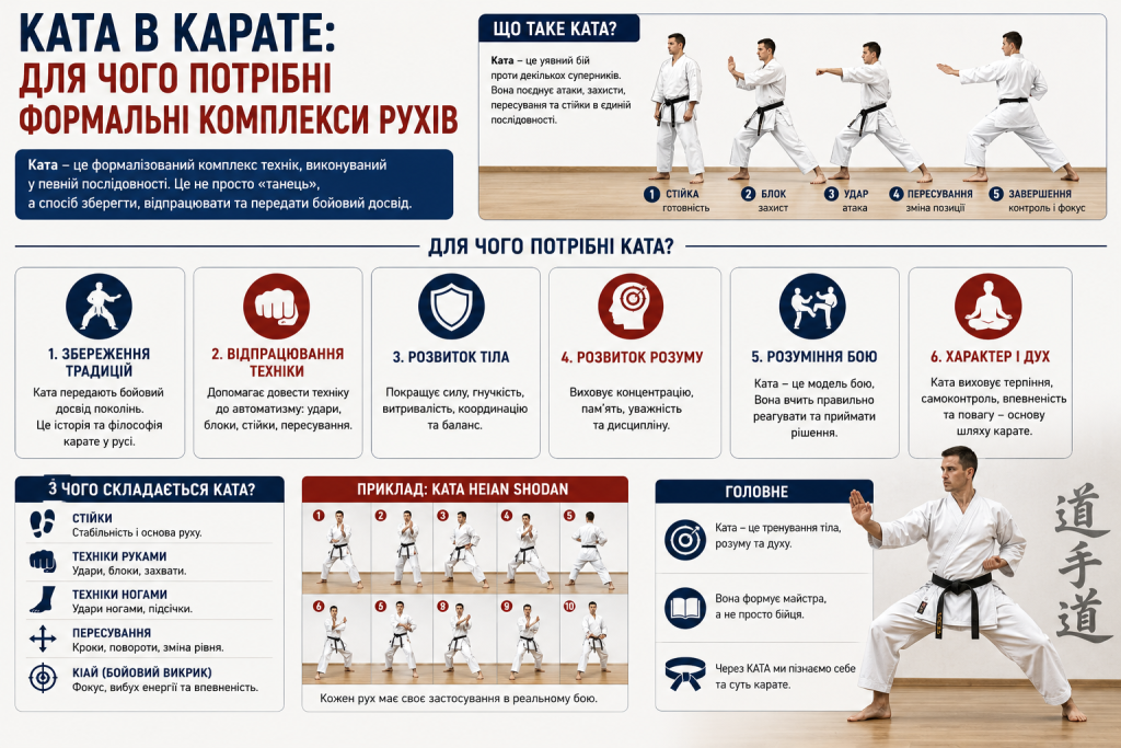 Інфографіка про ката в карате, її призначення, елементи та приклад виконання