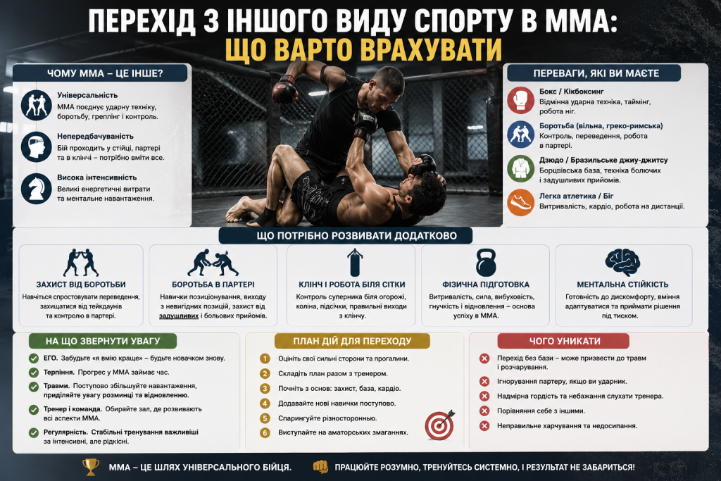 Інфографіка про перехід у ММА з інших видів спорту, необхідні навички, переваги, план підготовки та типові помилки.