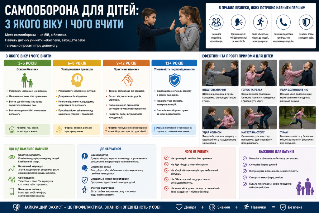 Двоє дітей відпрацьовують прийоми самооборони на тренуванні під наглядом тренера у спортивному залі.
