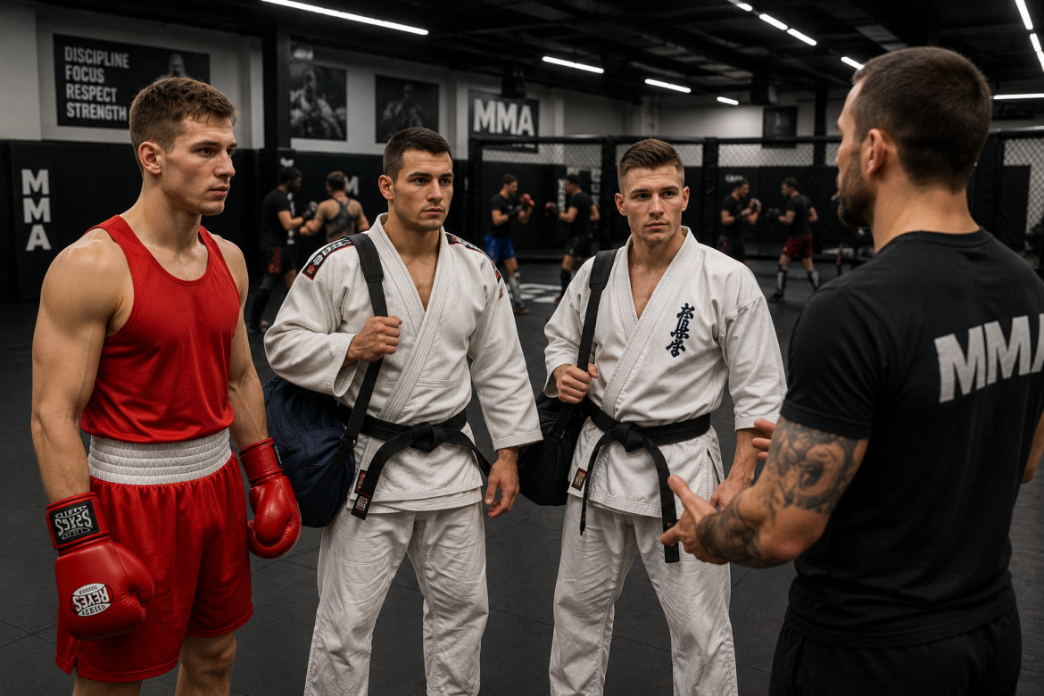 Боксер і спортсмени з карате слухають тренера перед початком тренування з ММА у спортивному залі.