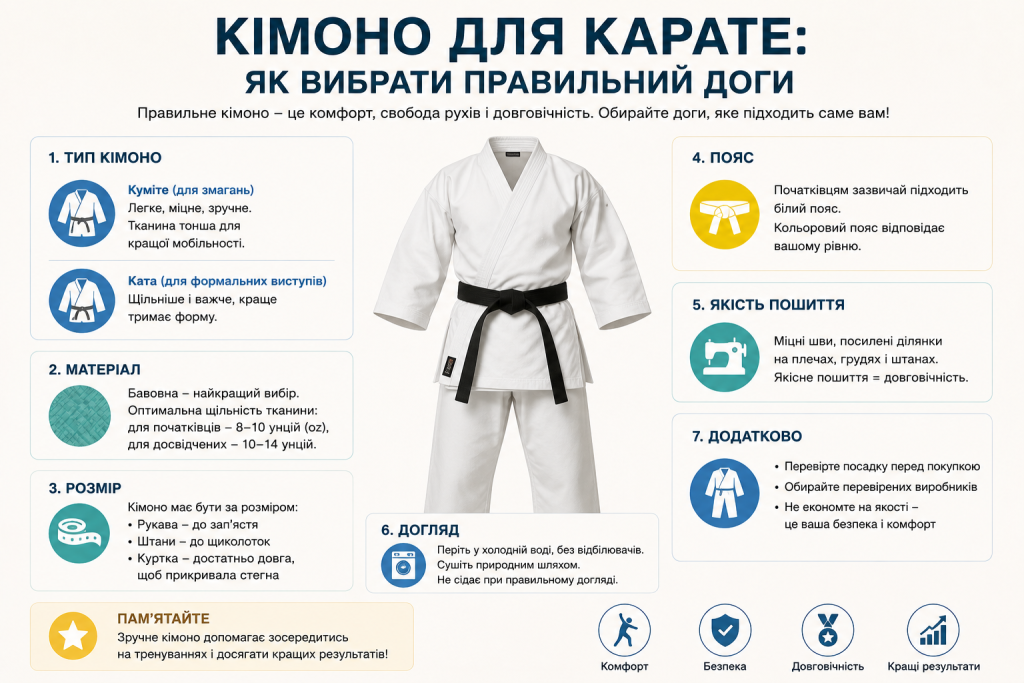 Інфографіка з порадами вибору кімоно для карате за типом, матеріалом та розміром