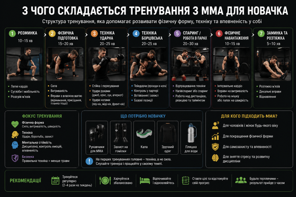 Інфографіка зі структурою тренування з ММА: розминка, техніка ударів, спаринг та заминка