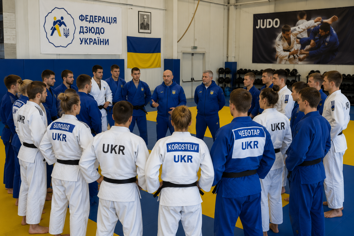 Тренери та спортсмени Федерації дзюдо України проводять спільний тренувальний збір у спортивному залі.