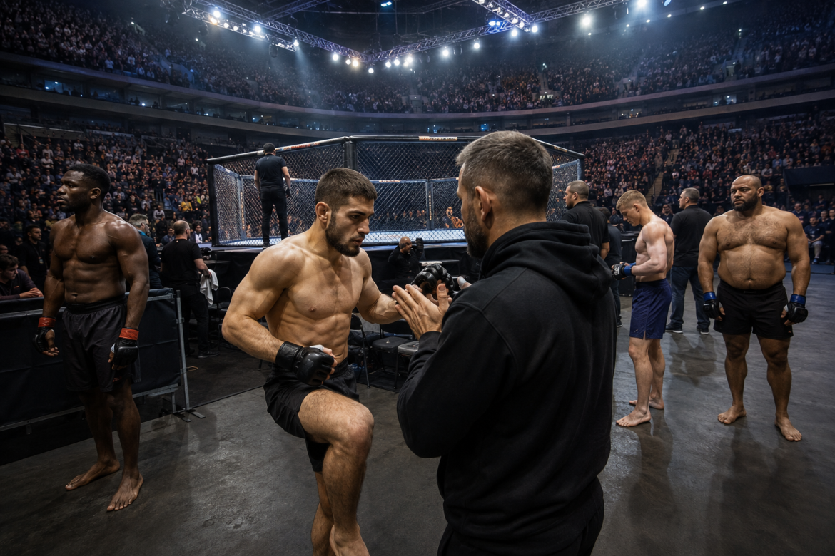 Спортсмени MMA готуються до виходу в октагон на великій спортивній арені перед поєдинками.