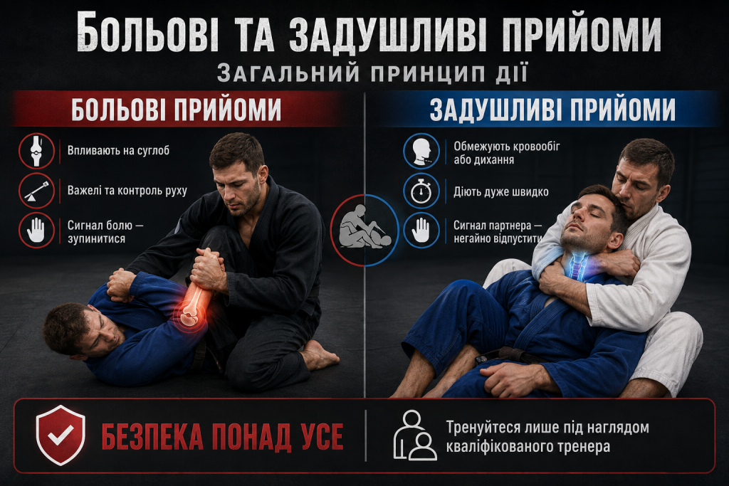 Інфографіка про загальні принципи больових і задушливих прийомів та правила безпечного тренування