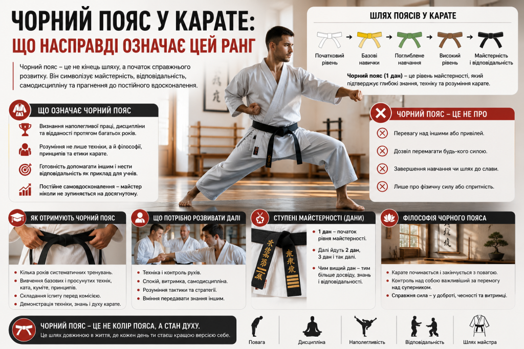 Інфографіка про значення чорного пояса в карате, шлях до майстерності, дани, дисципліну та підготовку