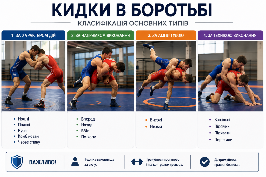 Інфографіка з прикладами кидків у боротьбі, класифікацією за напрямком, амплітудою та технікою виконання.