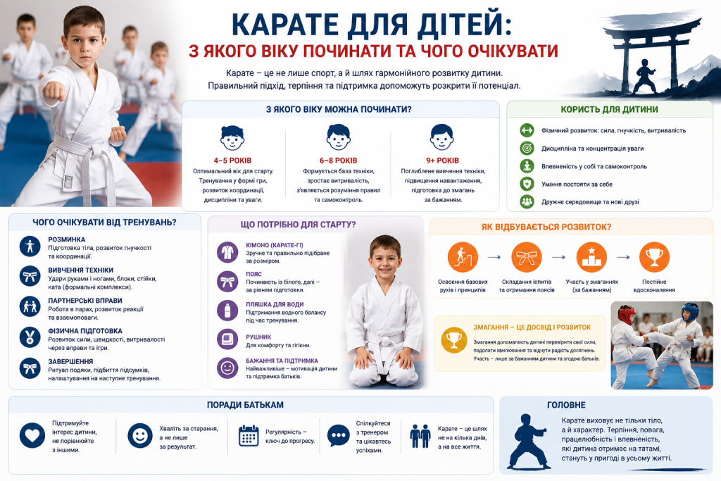 Інфографіка про карате для дітей з рекомендованим віком початку занять, користю тренувань, екіпіруванням та етапами розвитку.