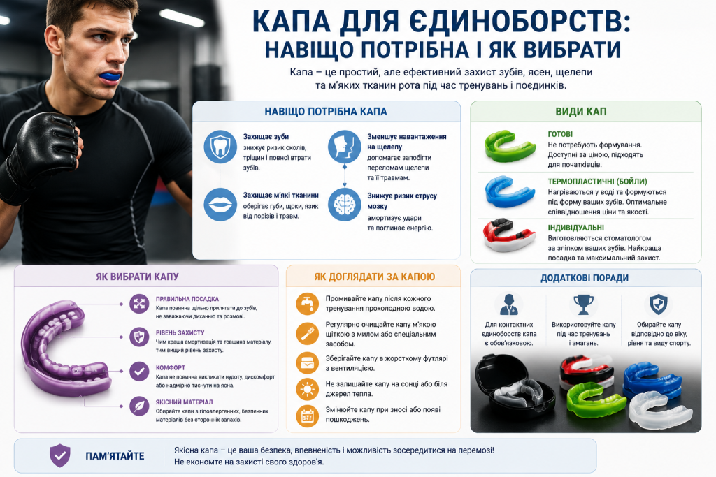 Інфографіка про спортивні капи для єдиноборств, їх види, рівень захисту, правила вибору та догляду.