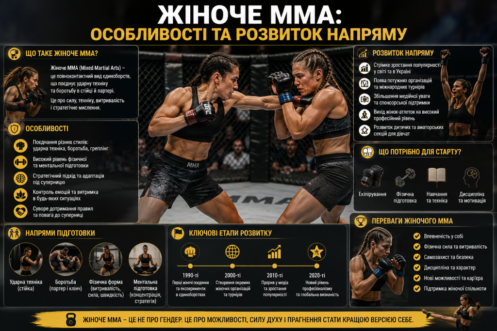 Інфографіка про жіноче MMA, особливості змішаних єдиноборств, тренування, підготовку та розвиток спорту