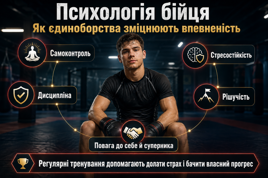 Інфографіка про психологію бійця, самоконтроль, дисципліну, стресостійкість, рішучість і повагу до суперника