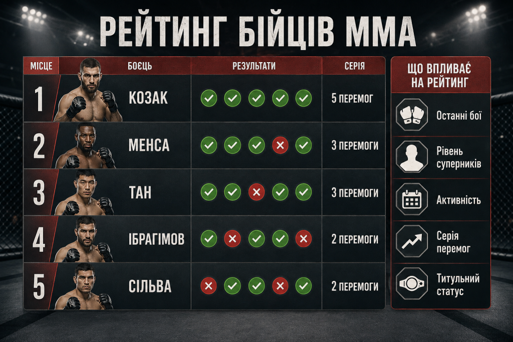 Інфографіка з рейтингом бійців MMA, результатами останніх поєдинків, серіями перемог та факторами, що впливають на позицію в рейтингу.
