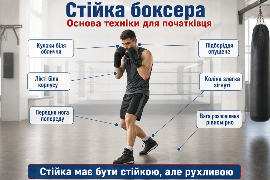 Інфографіка з правильною стійкою боксера, положенням рук, ніг, підборіддя та розподілом ваги