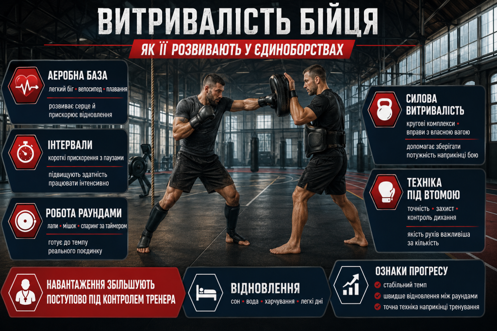 Інфографіка про розвиток витривалості бійця за допомогою аеробних навантажень, інтервалів, силових вправ і роботи раундами