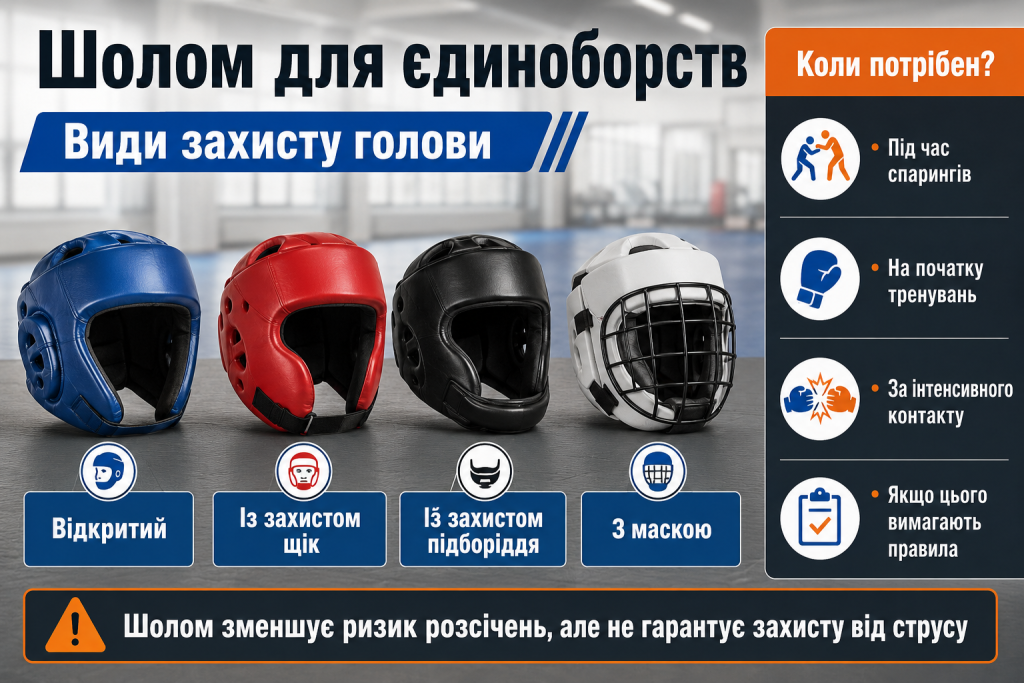 Інфографіка з різними видами шоломів для єдиноборств та поясненням, коли потрібен захист голови