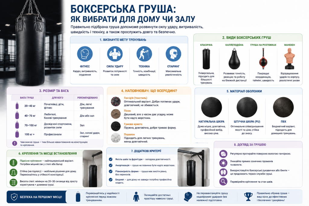 Інфографіка про вибір боксерської груші для дому або залу за вагою, типом, наповнювачем, матеріалом та способом кріплення.