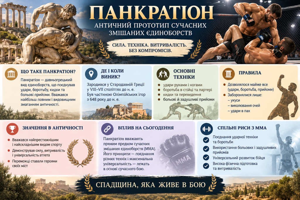Інфографіка про панкратион у Стародавній Греції, його історію, техніки, правила та вплив на сучасні єдиноборства.