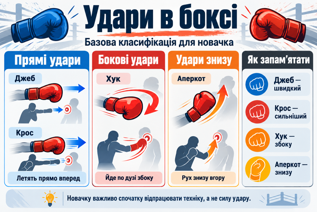 Навчальна інфографіка з основними ударами в боксі, схемами виконання джеба, кросу, хука й аперкоту та поясненнями для початківців.