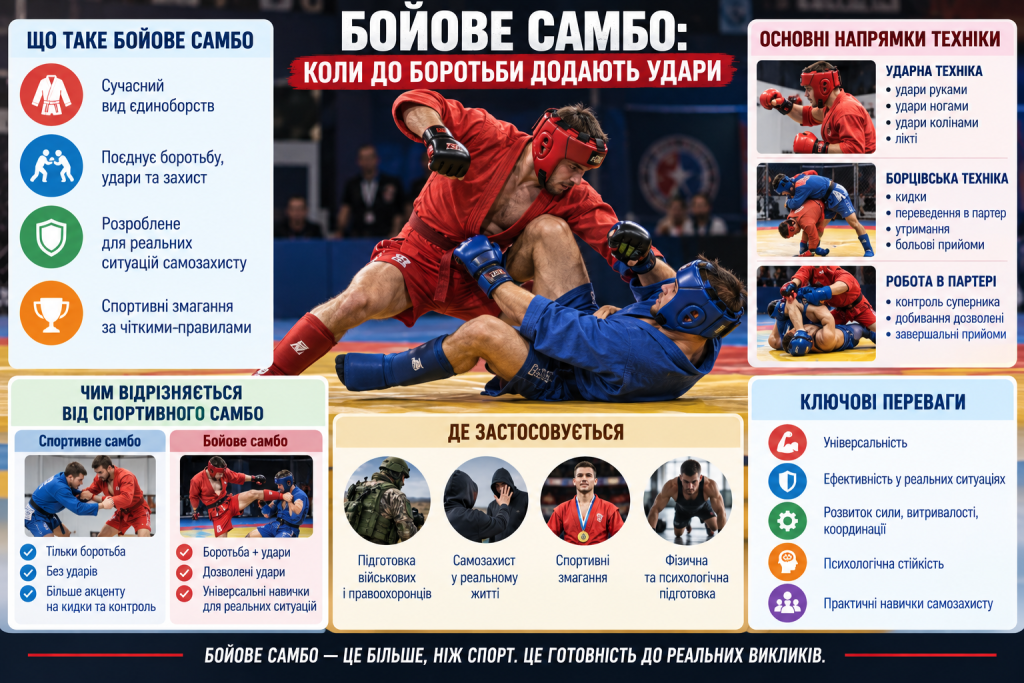 Інфографіка про бойове самбо, ударну та борцівську техніку, роботу в партері й відмінності від спортивного самбо