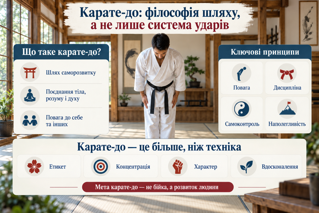 Інфографіка про філософію карате-до, саморозвиток, повагу, дисципліну, самоконтроль і вдосконалення