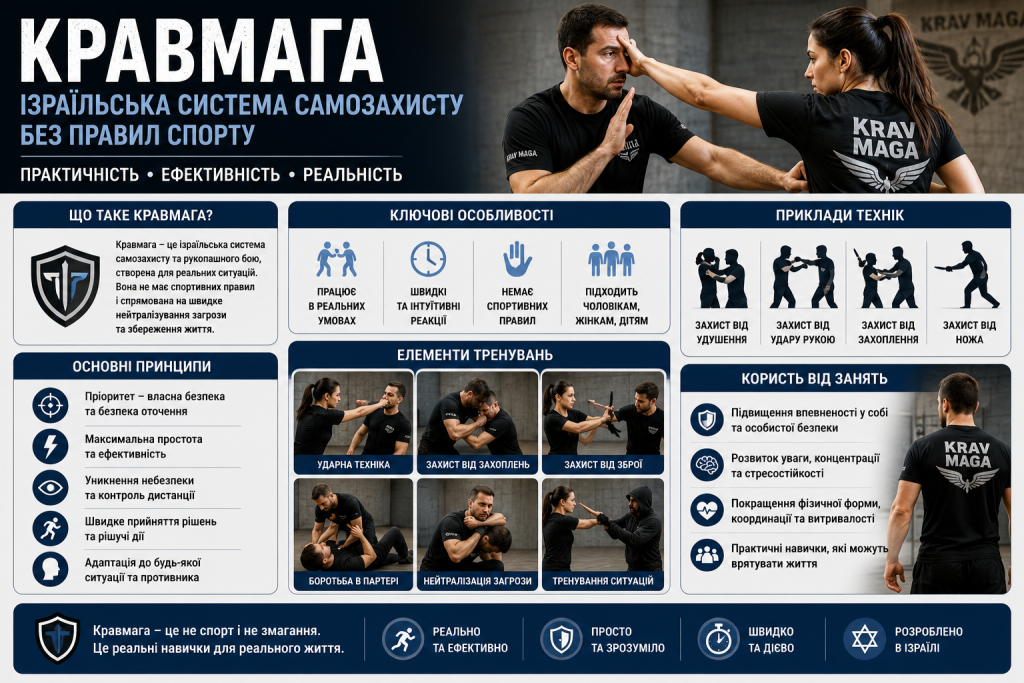 Інфографіка про крав-мага, основні принципи, техніки самооборони, тренування та користь від занять