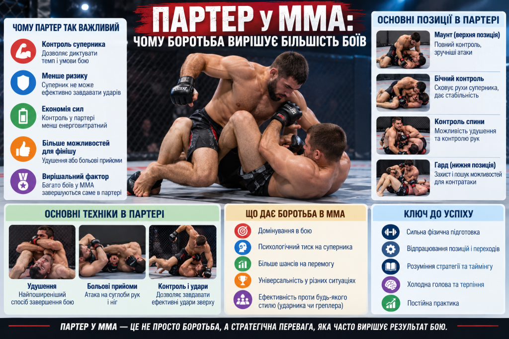 Інфографіка про партер у MMA, основні позиції, больові прийоми, удушення, контроль суперника та техніку боротьби
