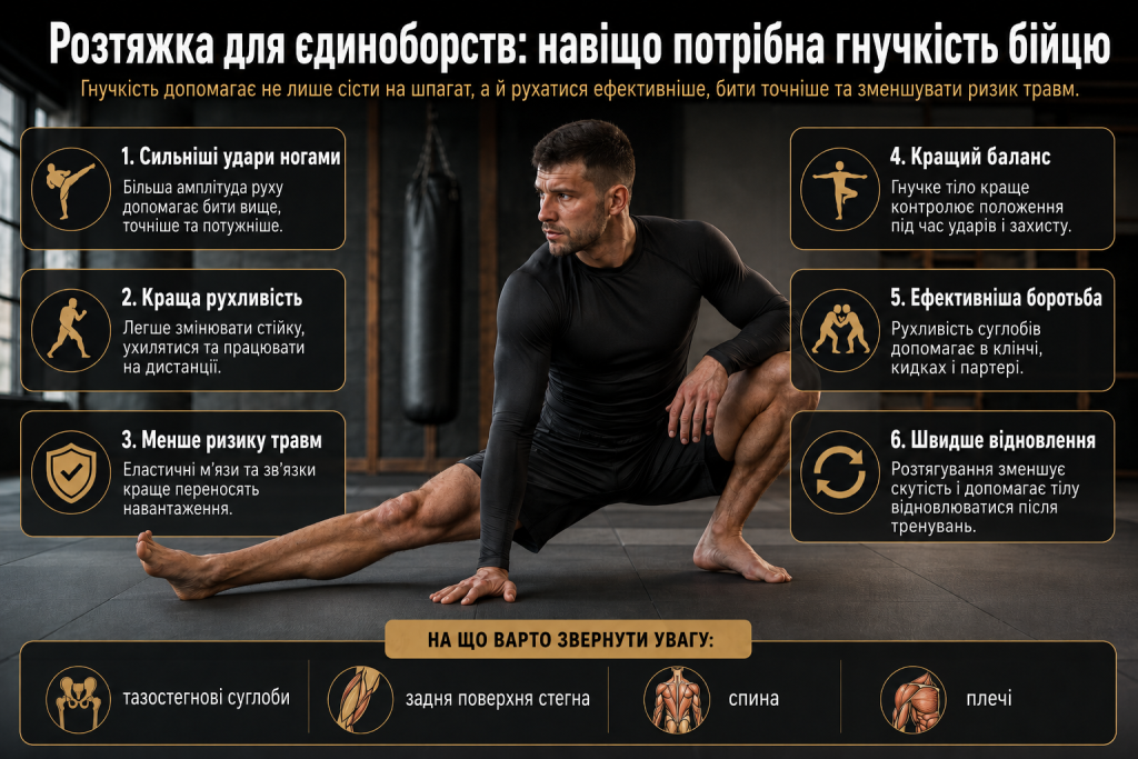 Інфографіка про користь розтяжки для єдиноборств, гнучкість, рухливість, баланс і зниження ризику травм