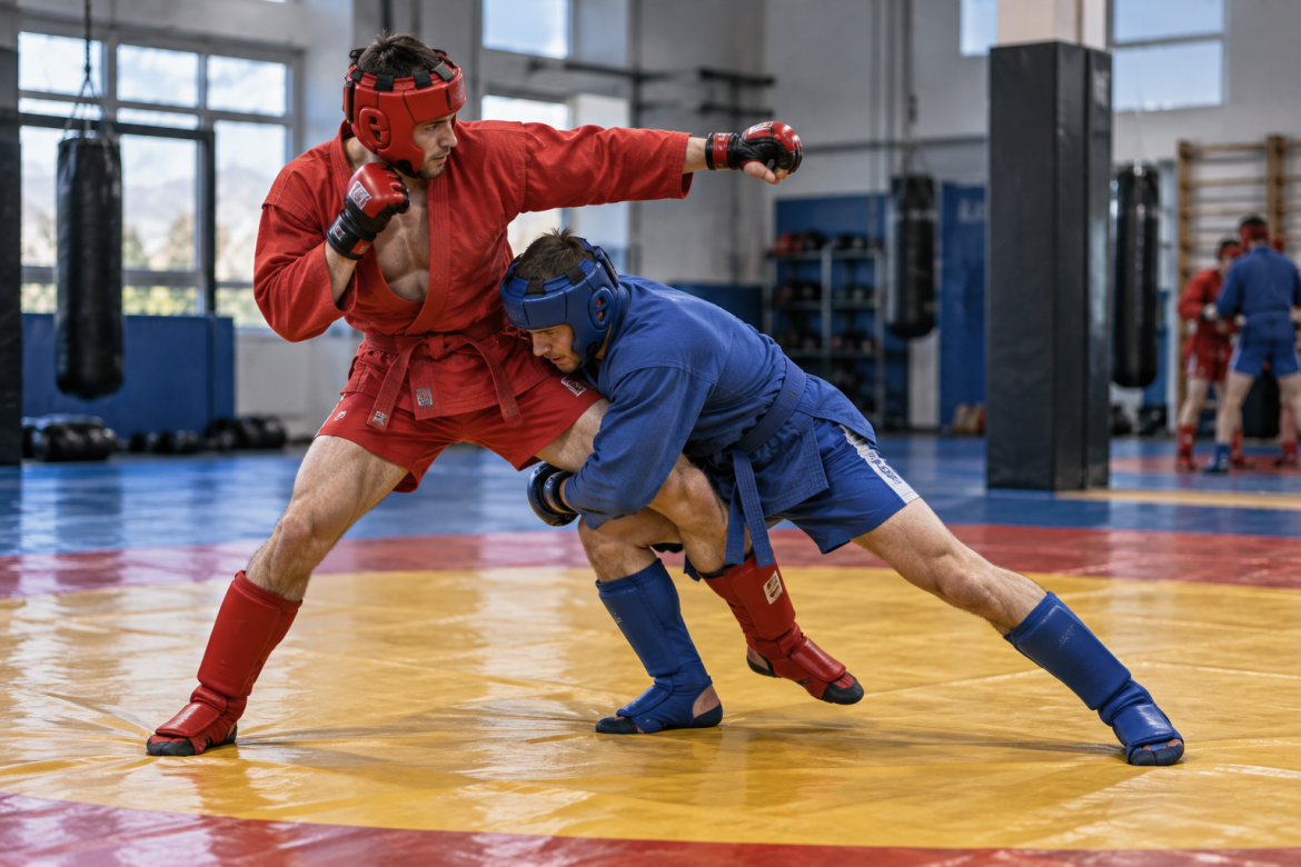 Двоє спортсменів у червоній і синій формі відпрацьовують кидок та ударну техніку під час тренування з бойового самбо