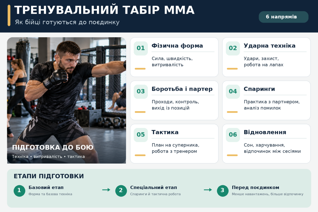 Інфографіка про тренувальний табір ММА: фізична підготовка, ударна техніка, боротьба, спаринги, тактика та відновлення перед поєдинком.