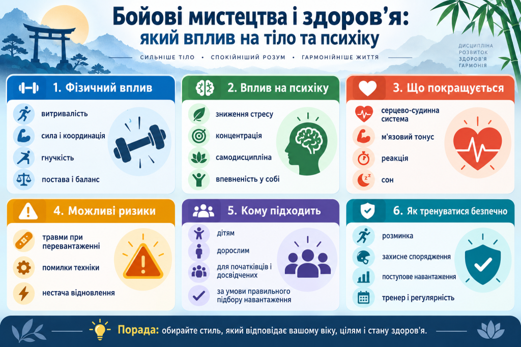 Інфографіка про вплив бойових мистецтв на фізичне здоров’я, психіку, витривалість, координацію та рівень стресу.
