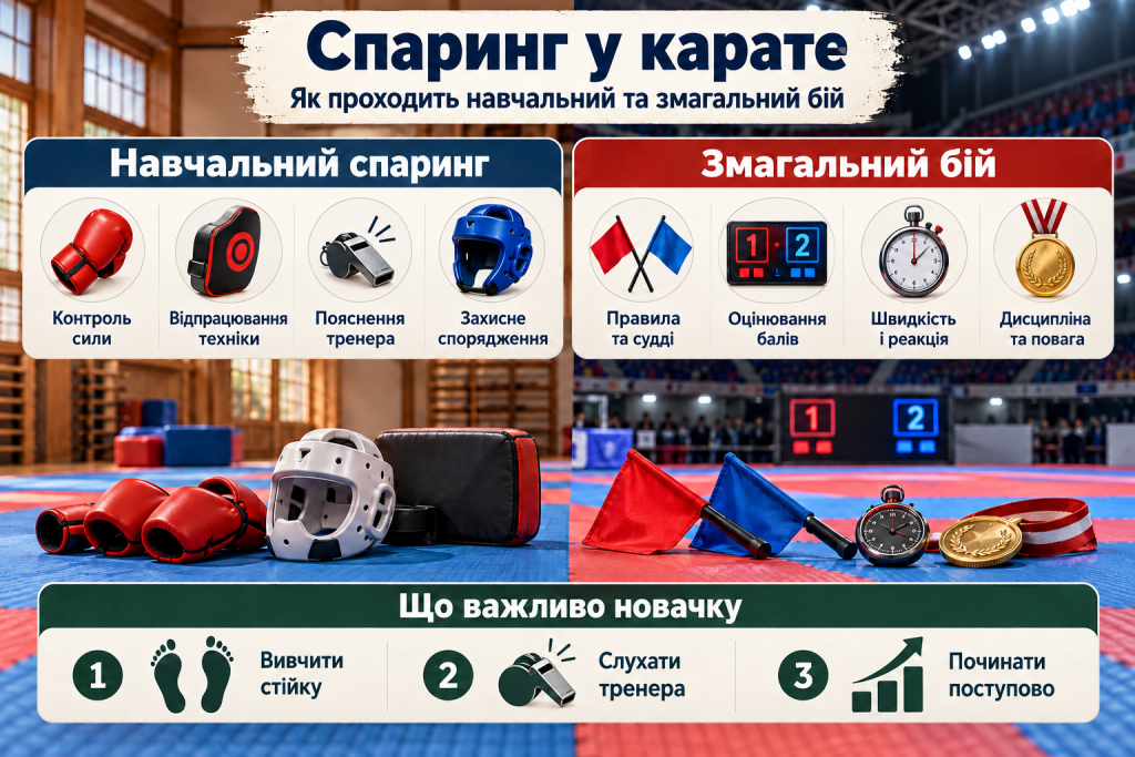 Інфографіка про спаринг у карате з порівнянням навчального та змагального бою, захисного спорядження, правил і основних рекомендацій для початківців.